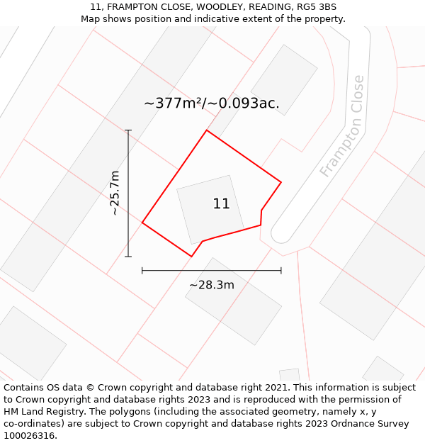 11, FRAMPTON CLOSE, WOODLEY, READING, RG5 3BS: Plot and title map