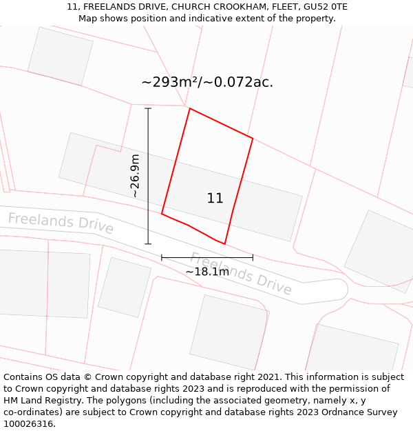 11, FREELANDS DRIVE, CHURCH CROOKHAM, FLEET, GU52 0TE: Plot and title map