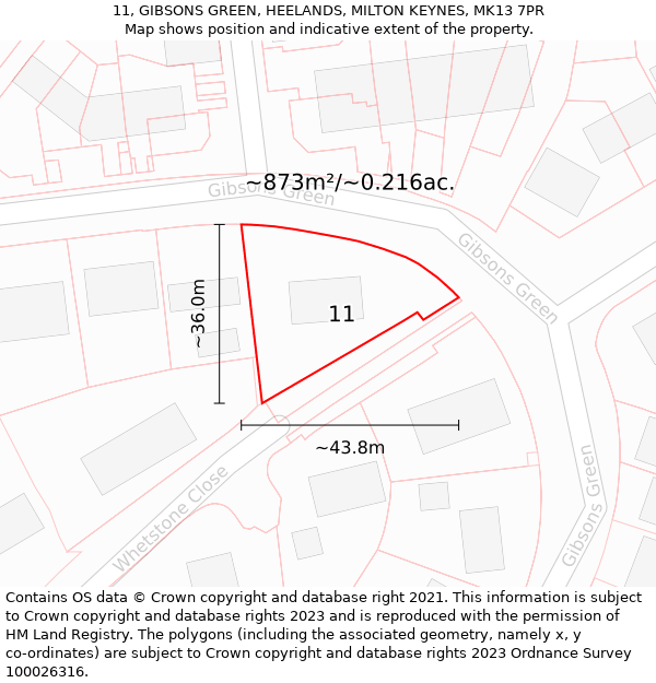 11, GIBSONS GREEN, HEELANDS, MILTON KEYNES, MK13 7PR: Plot and title map