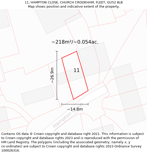 11, HAMPTON CLOSE, CHURCH CROOKHAM, FLEET, GU52 8LB: Plot and title map