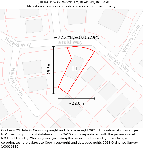 11, HERALD WAY, WOODLEY, READING, RG5 4PB: Plot and title map