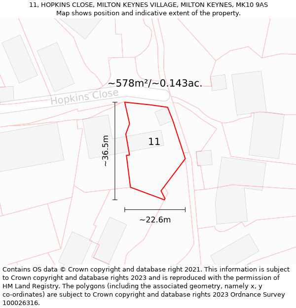 11, HOPKINS CLOSE, MILTON KEYNES VILLAGE, MILTON KEYNES, MK10 9AS: Plot and title map