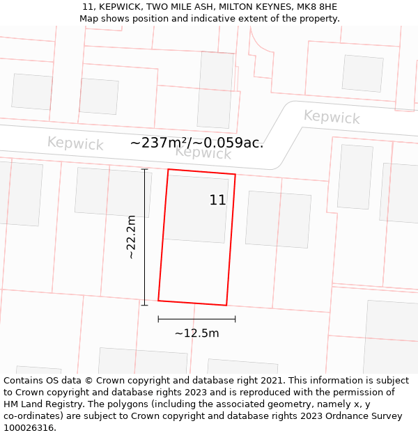 11, KEPWICK, TWO MILE ASH, MILTON KEYNES, MK8 8HE: Plot and title map