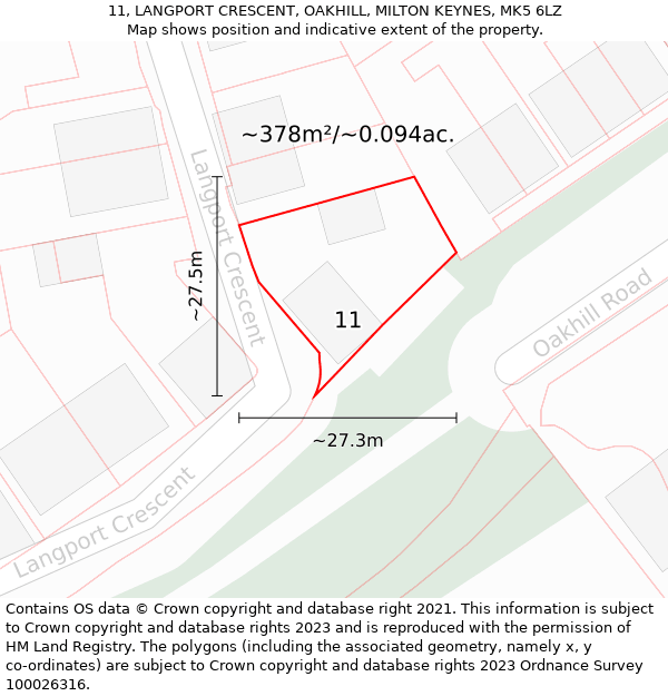 11, LANGPORT CRESCENT, OAKHILL, MILTON KEYNES, MK5 6LZ: Plot and title map