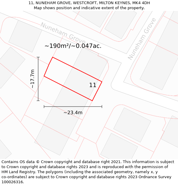 11, NUNEHAM GROVE, WESTCROFT, MILTON KEYNES, MK4 4DH: Plot and title map