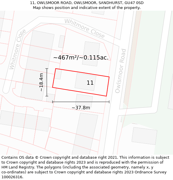 11, OWLSMOOR ROAD, OWLSMOOR, SANDHURST, GU47 0SD: Plot and title map