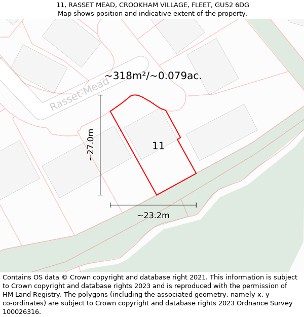 11, RASSET MEAD, CROOKHAM VILLAGE, FLEET, GU52 6DG: Plot and title map