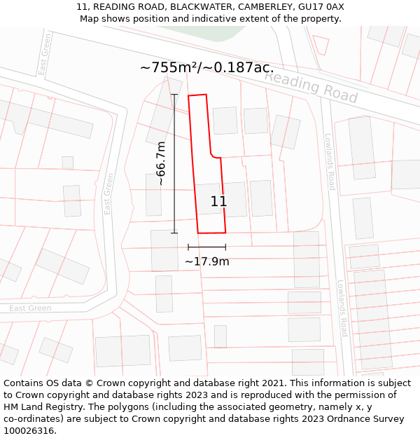 11, READING ROAD, BLACKWATER, CAMBERLEY, GU17 0AX: Plot and title map