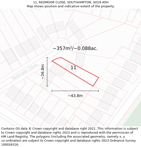 11, REDMOOR CLOSE, SOUTHAMPTON, SO19 4DH: Plot and title map