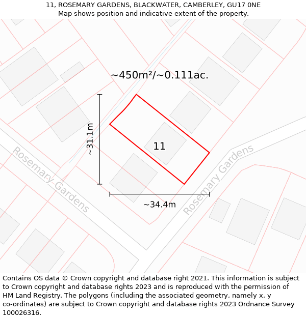 11, ROSEMARY GARDENS, BLACKWATER, CAMBERLEY, GU17 0NE: Plot and title map