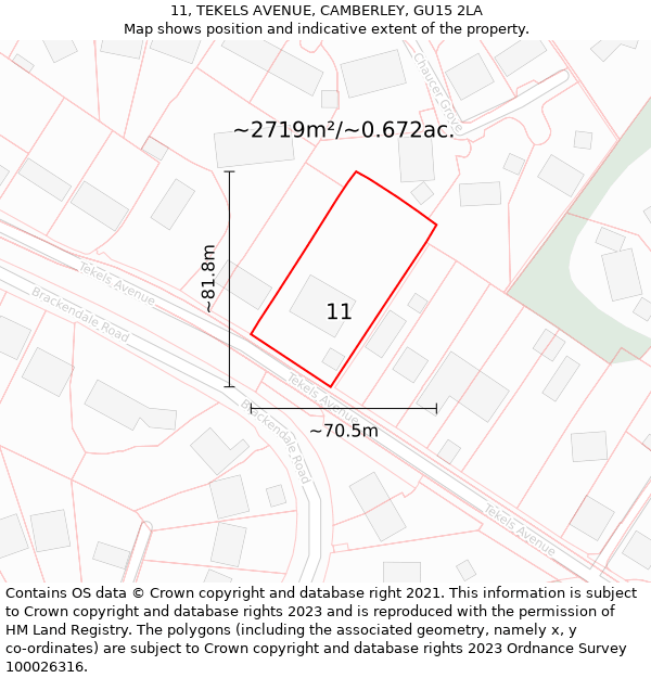 11, TEKELS AVENUE, CAMBERLEY, GU15 2LA: Plot and title map