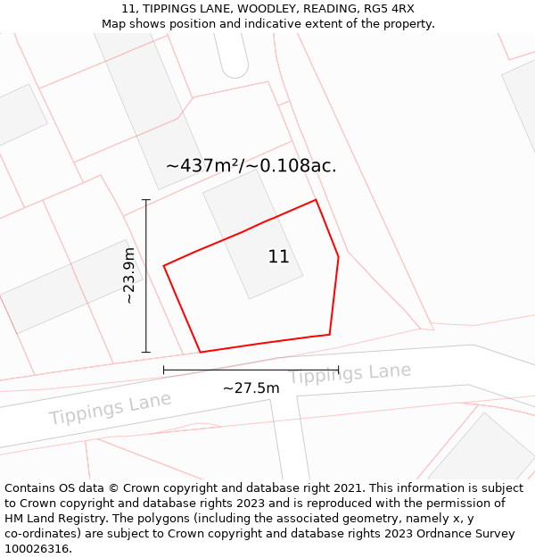 11, TIPPINGS LANE, WOODLEY, READING, RG5 4RX: Plot and title map