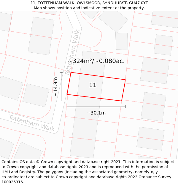 11, TOTTENHAM WALK, OWLSMOOR, SANDHURST, GU47 0YT: Plot and title map