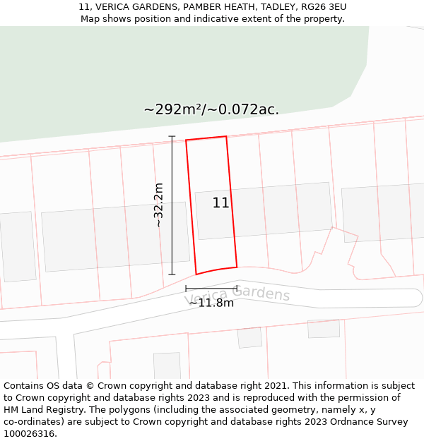 11, VERICA GARDENS, PAMBER HEATH, TADLEY, RG26 3EU: Plot and title map