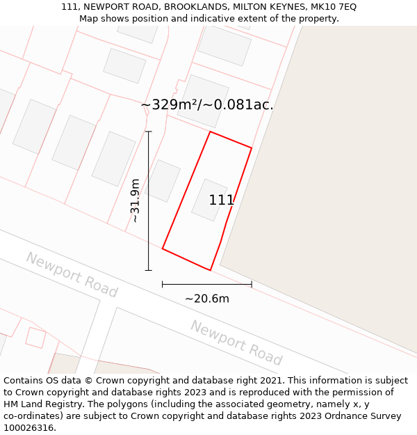 111, NEWPORT ROAD, BROOKLANDS, MILTON KEYNES, MK10 7EQ: Plot and title map