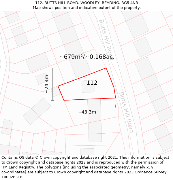 112, BUTTS HILL ROAD, WOODLEY, READING, RG5 4NR: Plot and title map