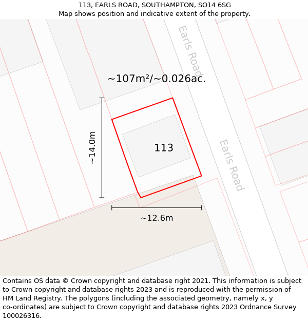 113, EARLS ROAD, SOUTHAMPTON, SO14 6SG: Plot and title map