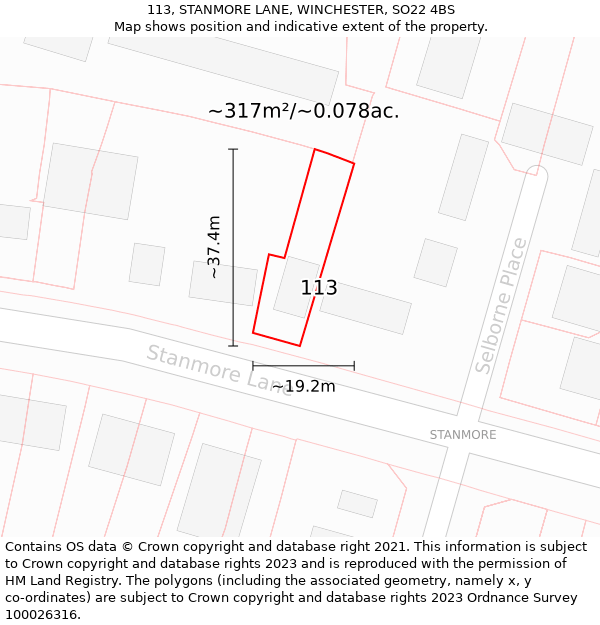 113, STANMORE LANE, WINCHESTER, SO22 4BS: Plot and title map