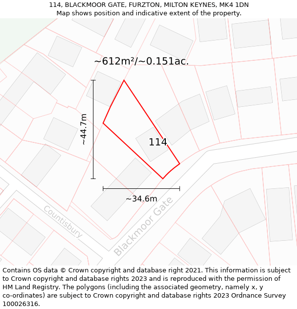 114, BLACKMOOR GATE, FURZTON, MILTON KEYNES, MK4 1DN: Plot and title map