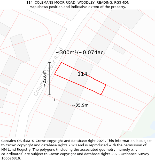 114, COLEMANS MOOR ROAD, WOODLEY, READING, RG5 4DN: Plot and title map