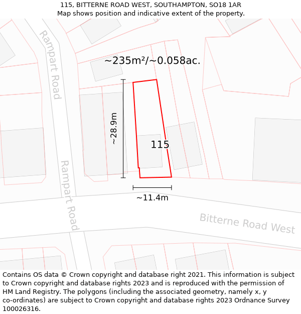 115, BITTERNE ROAD WEST, SOUTHAMPTON, SO18 1AR: Plot and title map