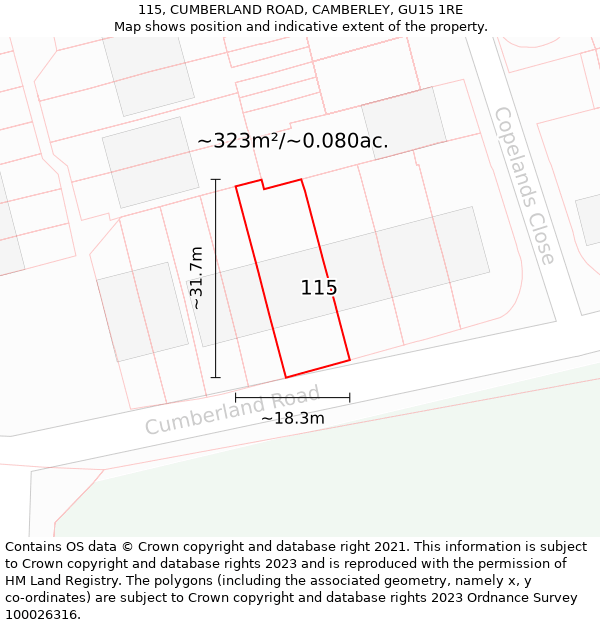 115, CUMBERLAND ROAD, CAMBERLEY, GU15 1RE: Plot and title map