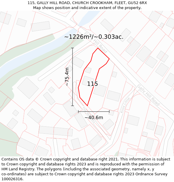 115, GALLY HILL ROAD, CHURCH CROOKHAM, FLEET, GU52 6RX: Plot and title map