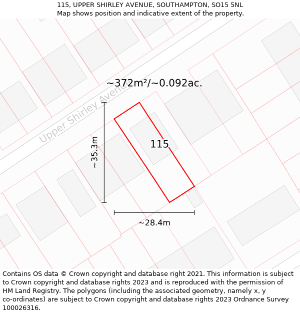 115, UPPER SHIRLEY AVENUE, SOUTHAMPTON, SO15 5NL: Plot and title map