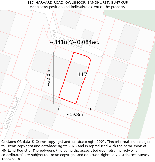 117, HARVARD ROAD, OWLSMOOR, SANDHURST, GU47 0UR: Plot and title map