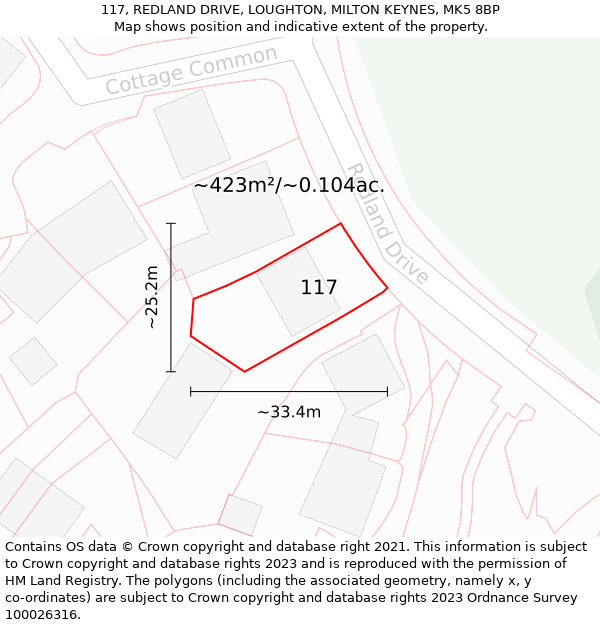 117, REDLAND DRIVE, LOUGHTON, MILTON KEYNES, MK5 8BP: Plot and title map