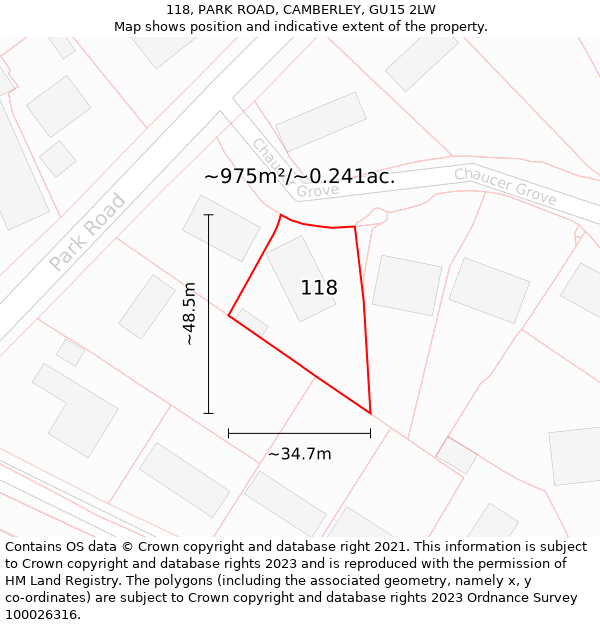 118, PARK ROAD, CAMBERLEY, GU15 2LW: Plot and title map