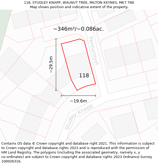 118, STUDLEY KNAPP, WALNUT TREE, MILTON KEYNES, MK7 7NE: Plot and title map