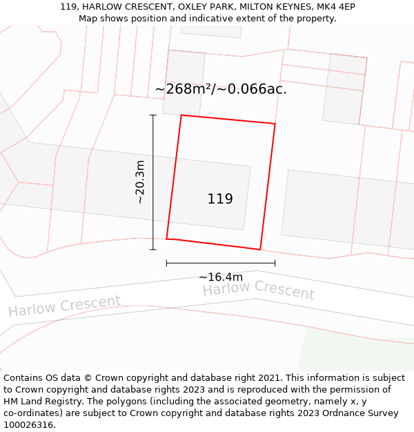 119, HARLOW CRESCENT, OXLEY PARK, MILTON KEYNES, MK4 4EP: Plot and title map