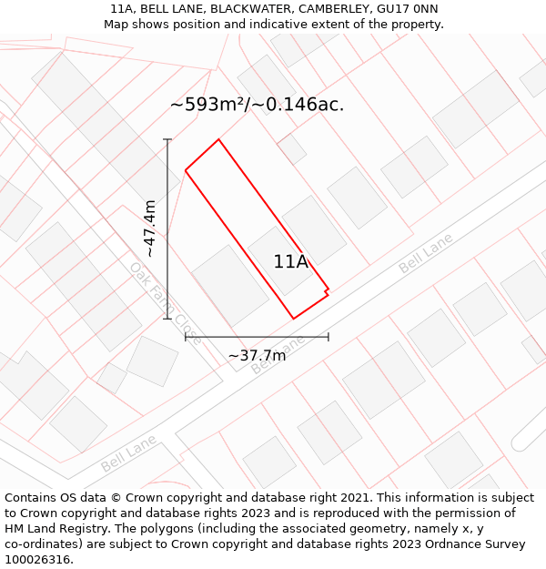 11A, BELL LANE, BLACKWATER, CAMBERLEY, GU17 0NN: Plot and title map