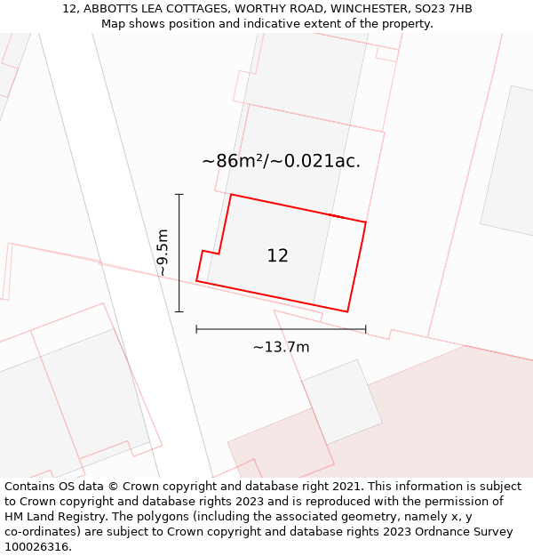 12, ABBOTTS LEA COTTAGES, WORTHY ROAD, WINCHESTER, SO23 7HB: Plot and title map