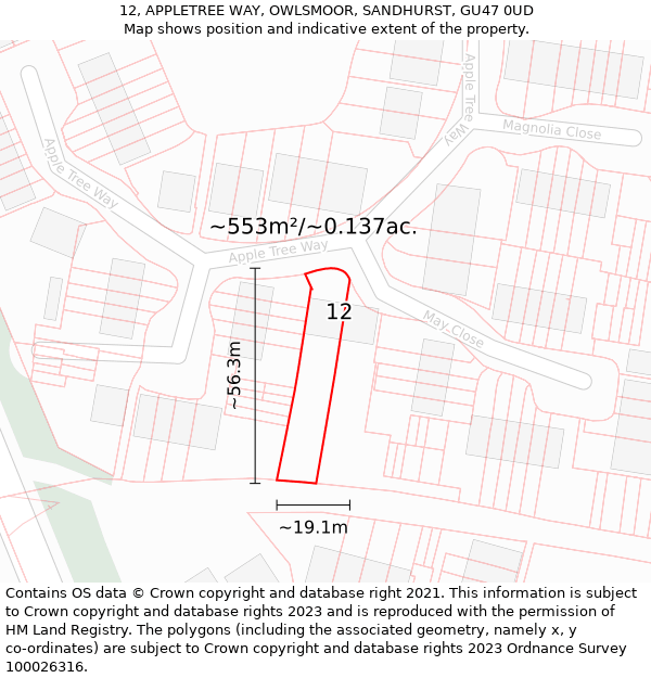 12, APPLETREE WAY, OWLSMOOR, SANDHURST, GU47 0UD: Plot and title map