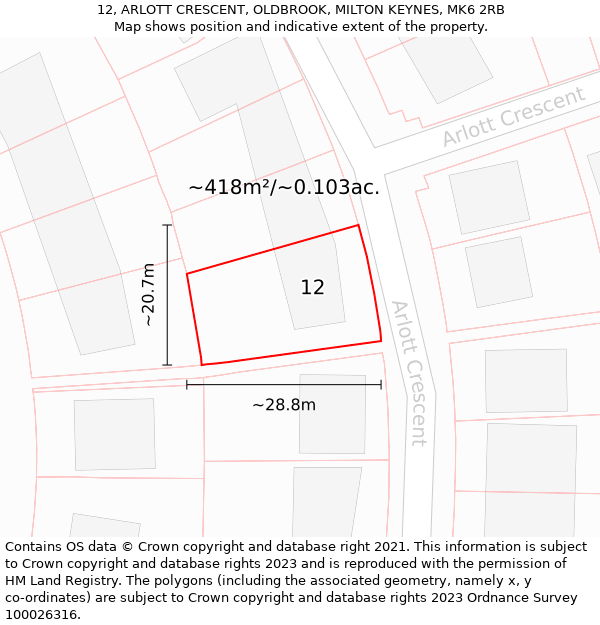 12, ARLOTT CRESCENT, OLDBROOK, MILTON KEYNES, MK6 2RB: Plot and title map