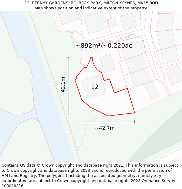 12, BERNAY GARDENS, BOLBECK PARK, MILTON KEYNES, MK15 8QD: Plot and title map