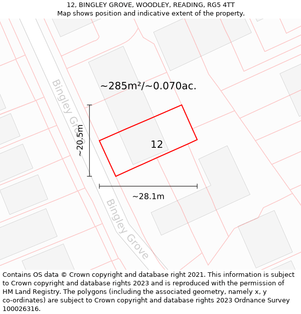 12, BINGLEY GROVE, WOODLEY, READING, RG5 4TT: Plot and title map