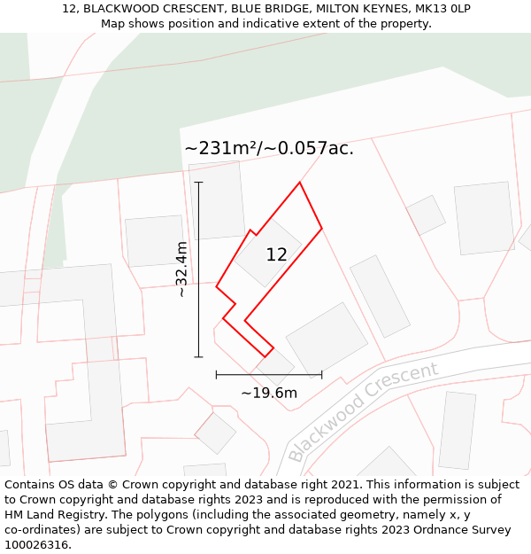 12, BLACKWOOD CRESCENT, BLUE BRIDGE, MILTON KEYNES, MK13 0LP: Plot and title map