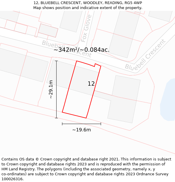 12, BLUEBELL CRESCENT, WOODLEY, READING, RG5 4WP: Plot and title map