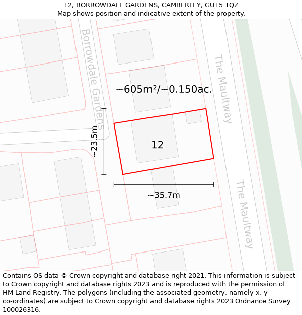 12, BORROWDALE GARDENS, CAMBERLEY, GU15 1QZ: Plot and title map