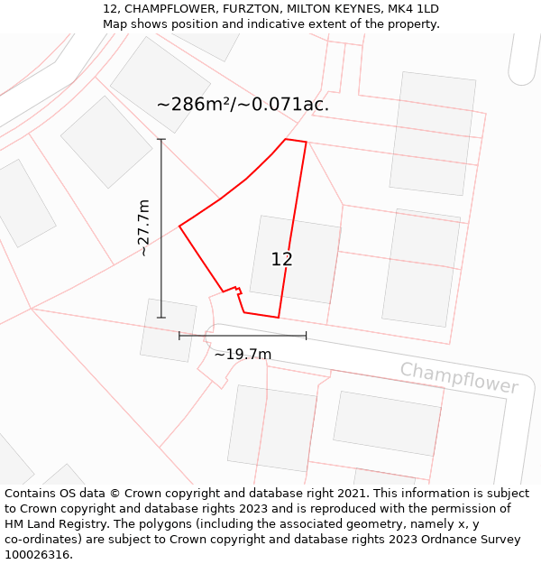 12, CHAMPFLOWER, FURZTON, MILTON KEYNES, MK4 1LD: Plot and title map