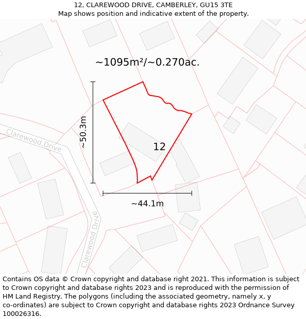 12, CLAREWOOD DRIVE, CAMBERLEY, GU15 3TE: Plot and title map