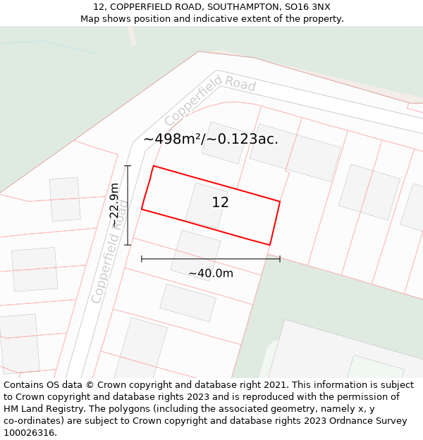 12, COPPERFIELD ROAD, SOUTHAMPTON, SO16 3NX: Plot and title map