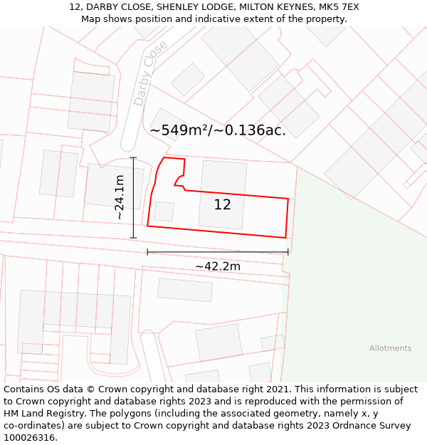 12, DARBY CLOSE, SHENLEY LODGE, MILTON KEYNES, MK5 7EX: Plot and title map