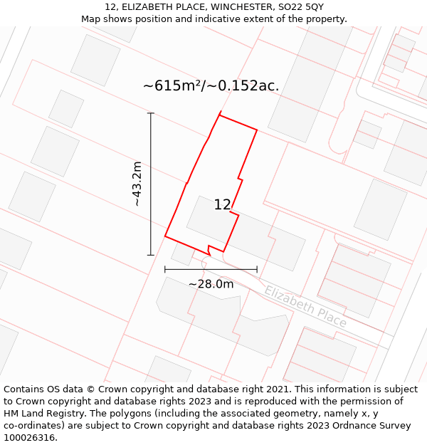 12, ELIZABETH PLACE, WINCHESTER, SO22 5QY: Plot and title map