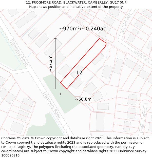 12, FROGMORE ROAD, BLACKWATER, CAMBERLEY, GU17 0NP: Plot and title map