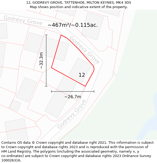 12, GODREVY GROVE, TATTENHOE, MILTON KEYNES, MK4 3DS: Plot and title map