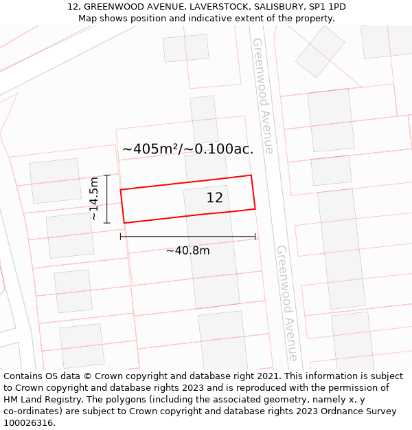 12, GREENWOOD AVENUE, LAVERSTOCK, SALISBURY, SP1 1PD: Plot and title map